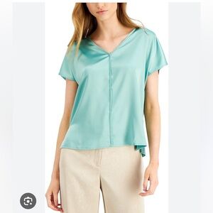 Alfani aqua blue satin finish mixed media pullover top size XL
